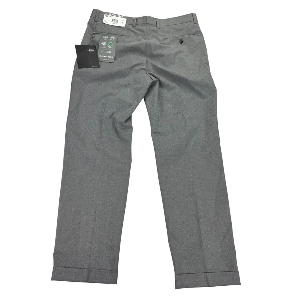 Michael Kors Mens Pleated Cuffed Solid Classic Fit Stretch Pants Gray 33x30